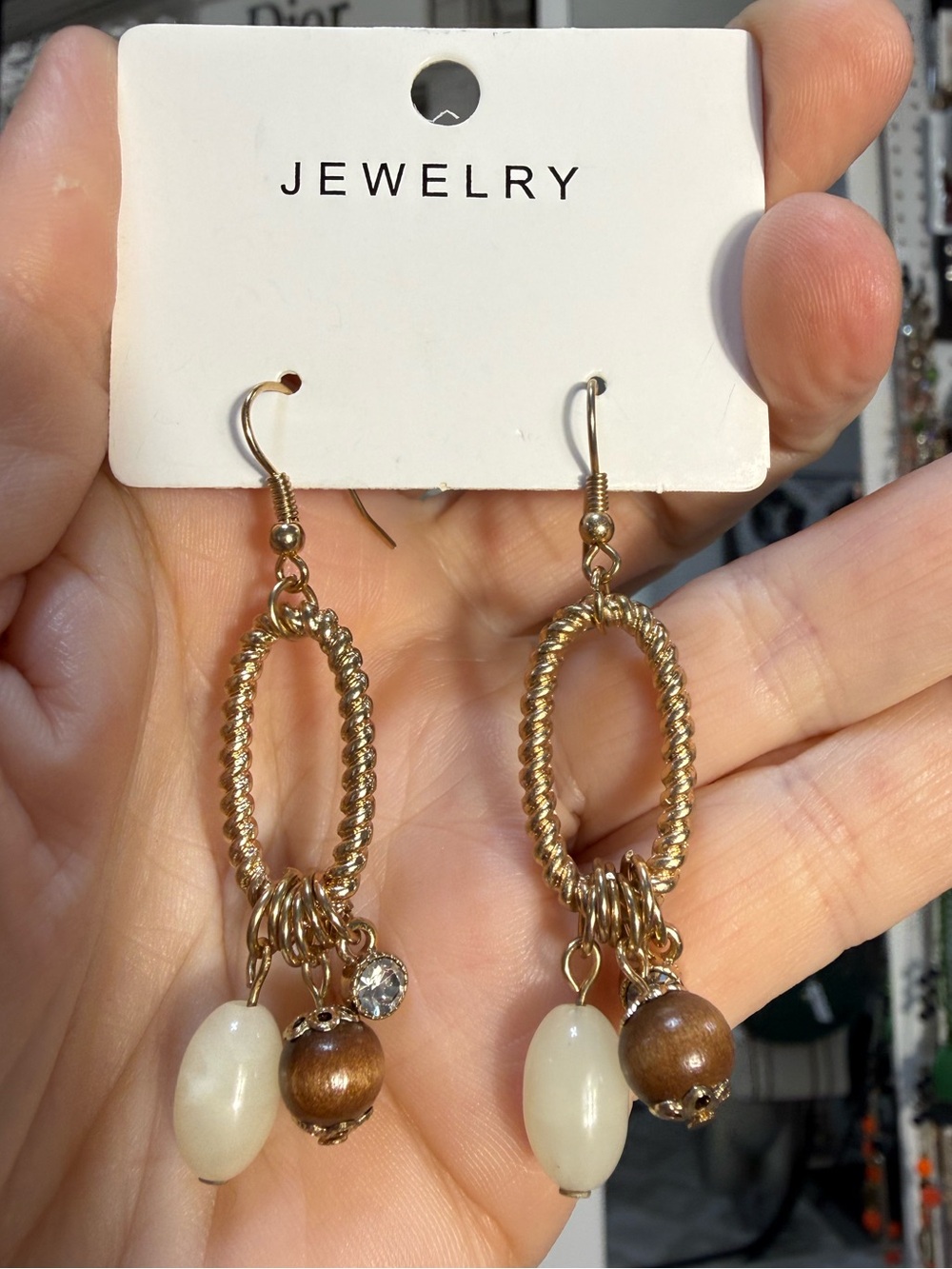 Gold Hoop Drop Earrings with Cream and Brown Beads -